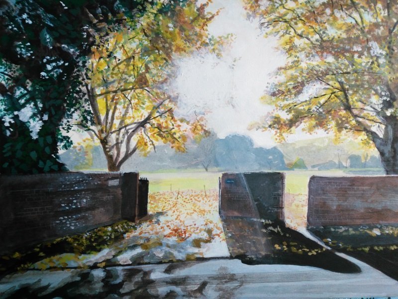 Painting of Autumn light, Winchester College. Acrylics on paper, 9" x 12"