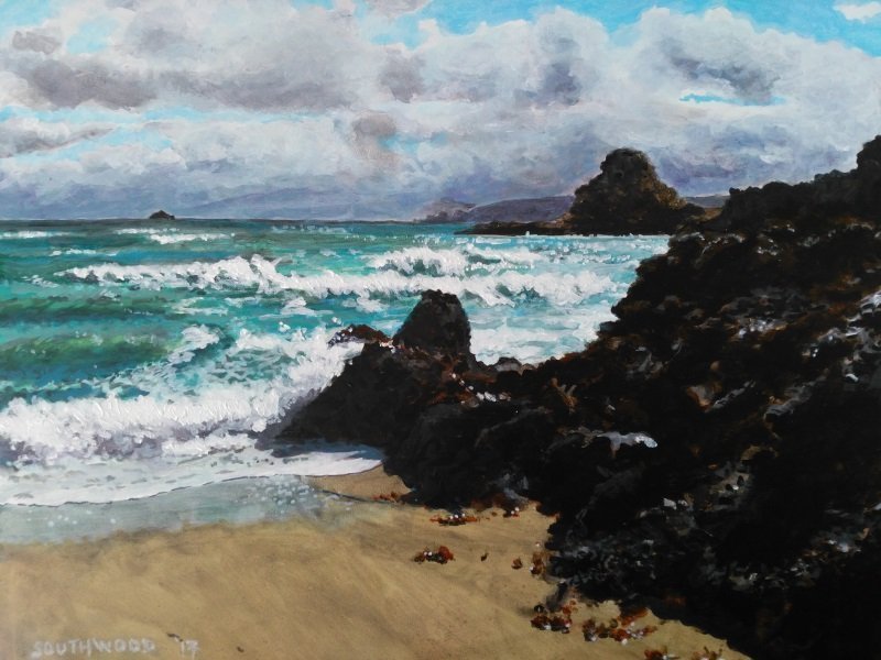 Sun, sea, wind - Belvoir Bay, Acrylics on gesso board - 28 x 36 cm