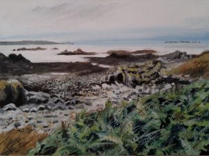 Lihou island looking towards Guernsey. Acrylics on gesso board - 18 x 24 cm