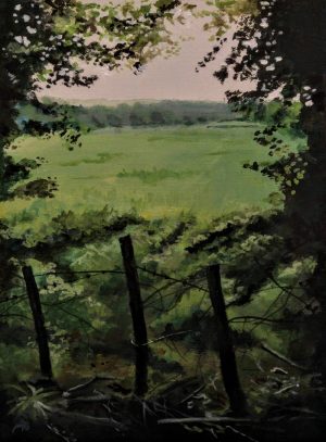 Alice Holt - view of a meadow. Acrylics on gesso board - 24 x 18 cm