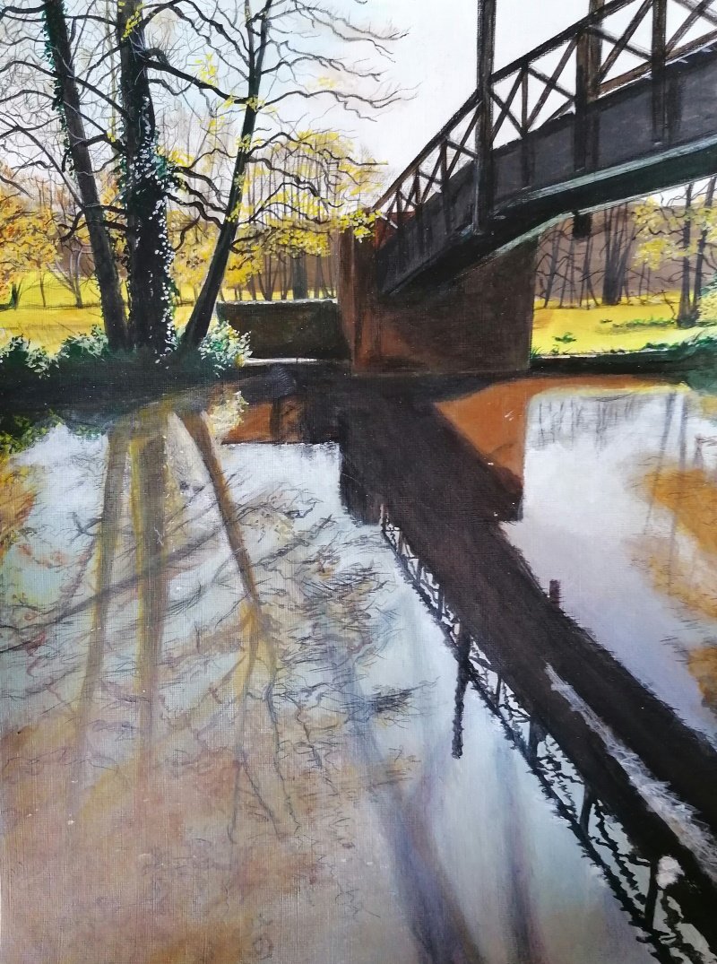 Bridge over the River Wey, Guildford. Acrylics on paper - 40.5 x 30.5 cm
