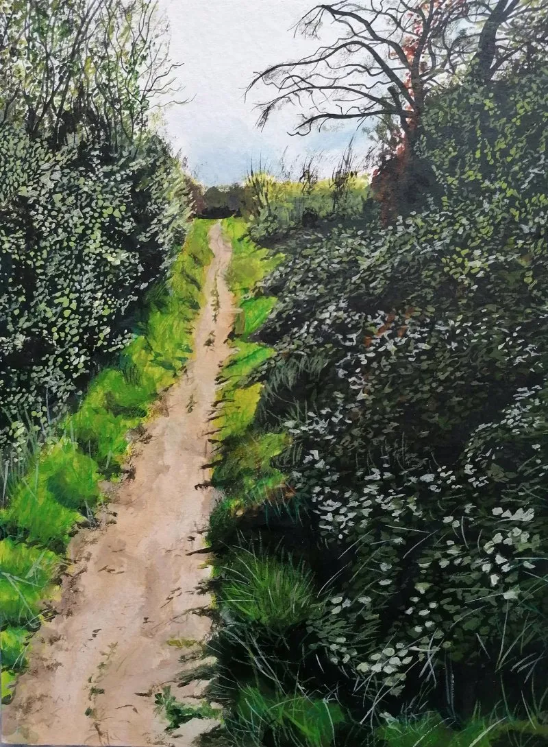 Path through Manor Park, Aldershot. Acrylics and coloured pencil on paper - 24 x 32 cm