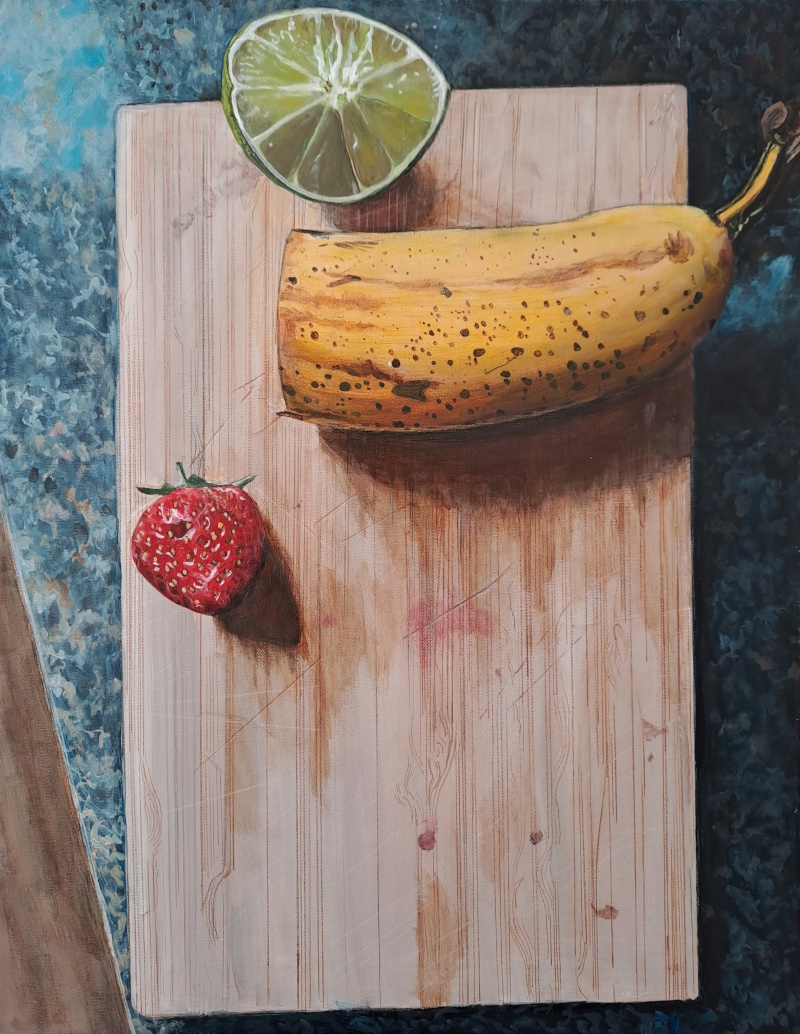 Still-life with fruit. Acrylics and coloured pencil on linen canvas - 46 x 36 cm